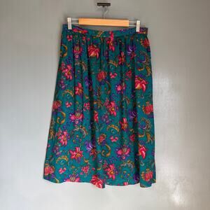 Vintage ALFRED DUNNER Women's 16 Green/Blue Floral Full Midi Retro Skirt 90's